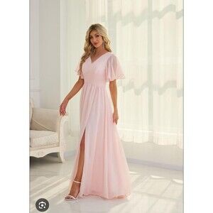 VNAIX Pink Maxi Dress Large Flutter Sleeve Lace Up‎ Back